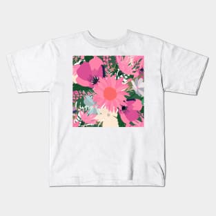 Pretty Pink Sunflowers and Poppy Floral Design Kids T-Shirt